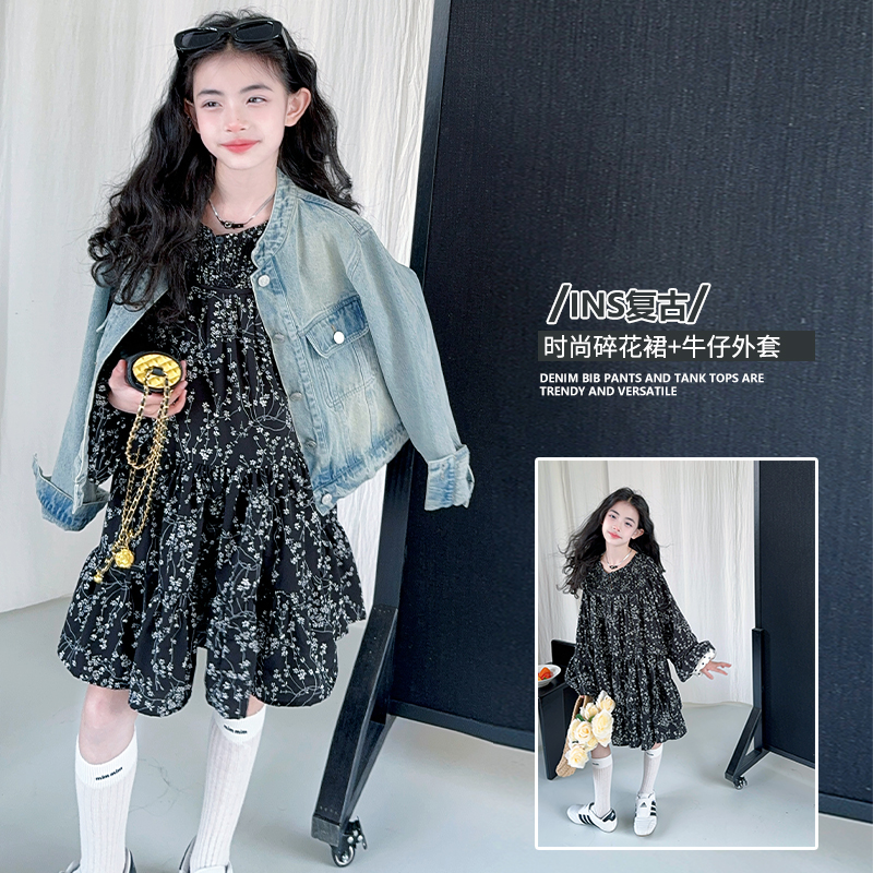 2025款女童春秋新套装斜襟系带碎花韩版春秋套装复古蕾丝时尚外套