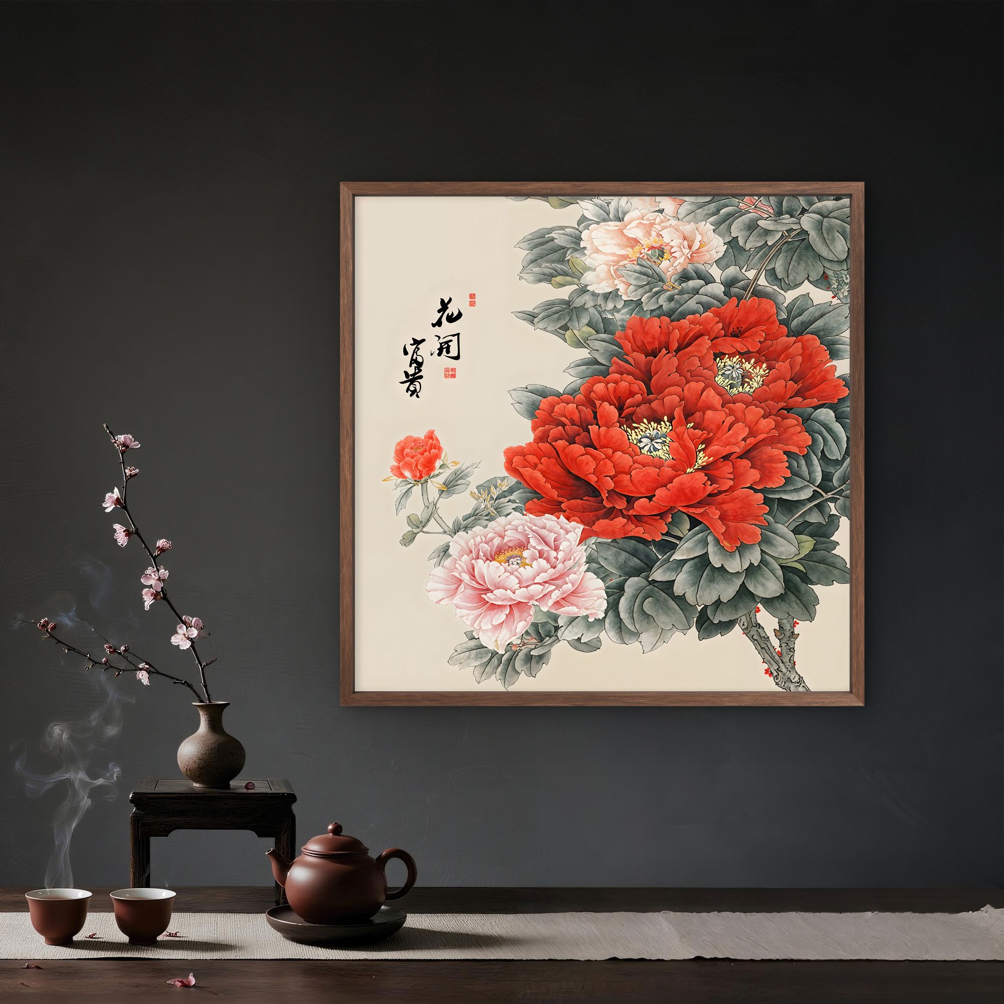 9679-50*50花开富贵中式装饰画木框玄关书房茶室客厅挂画