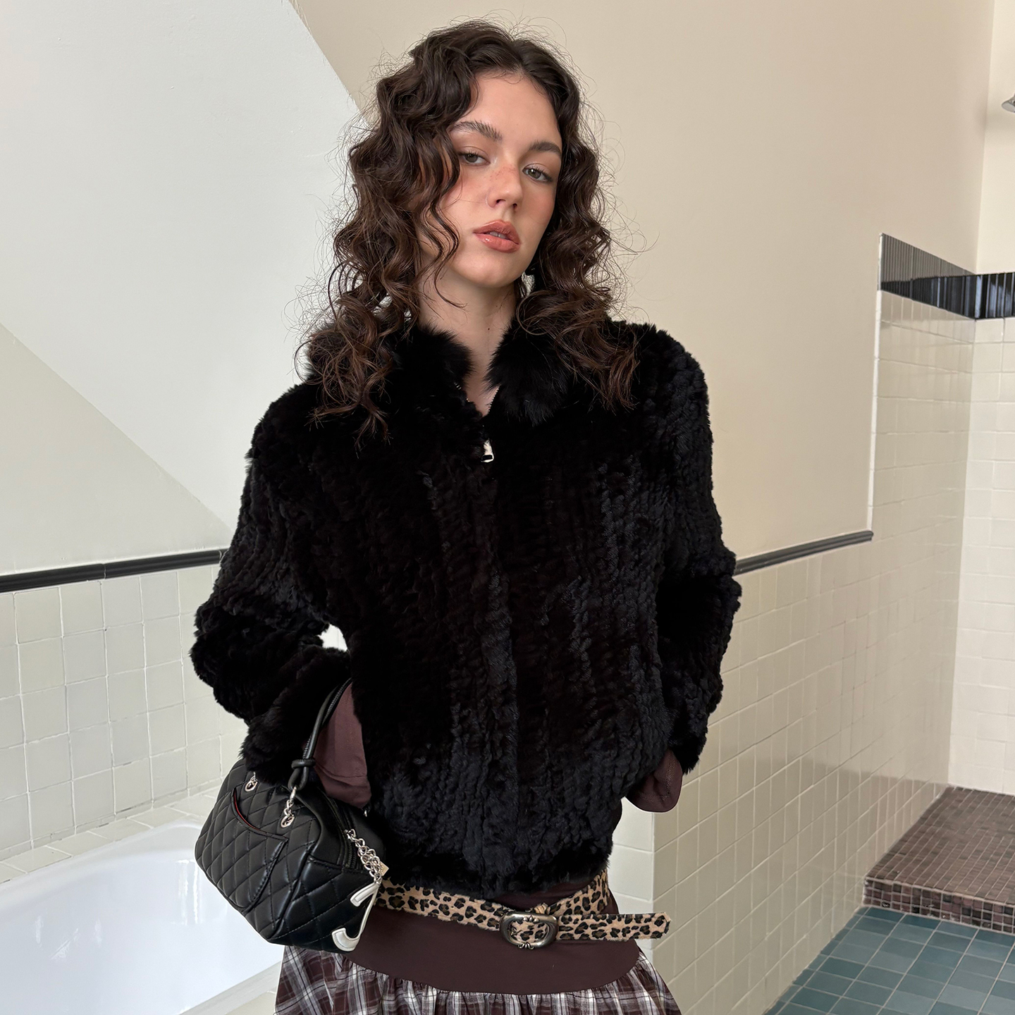 北麋「迷情南法」lulu风休闲运动獭兔毛编织连帽狐狸毛短皮草外套女