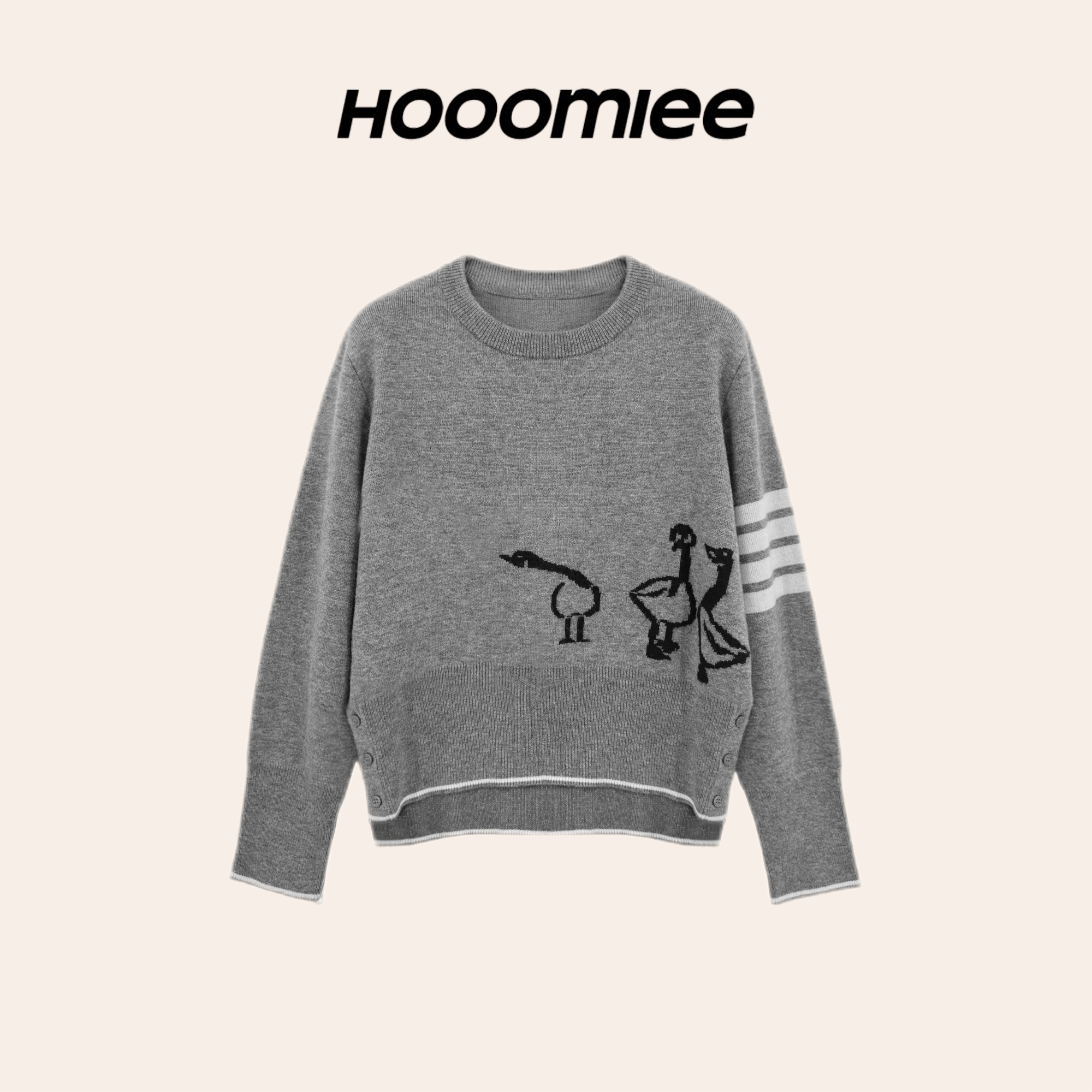 Hooomiee 静奢法式 绵羊毛动物针织长袖灰色圆领女士毛衣ML25165