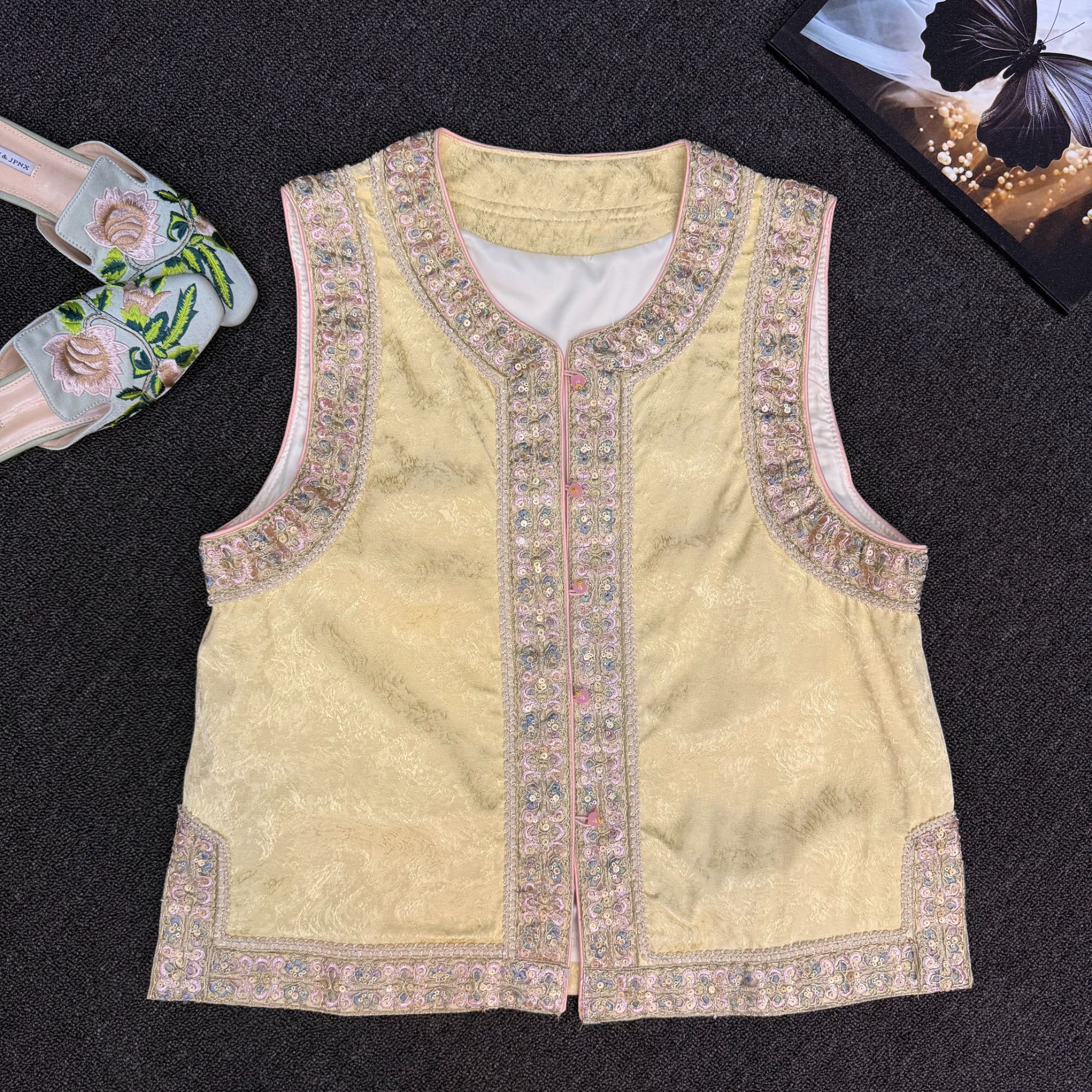 冬季圆领时尚马夹女宽松型服装双层中国风圆领提花大码女装新款