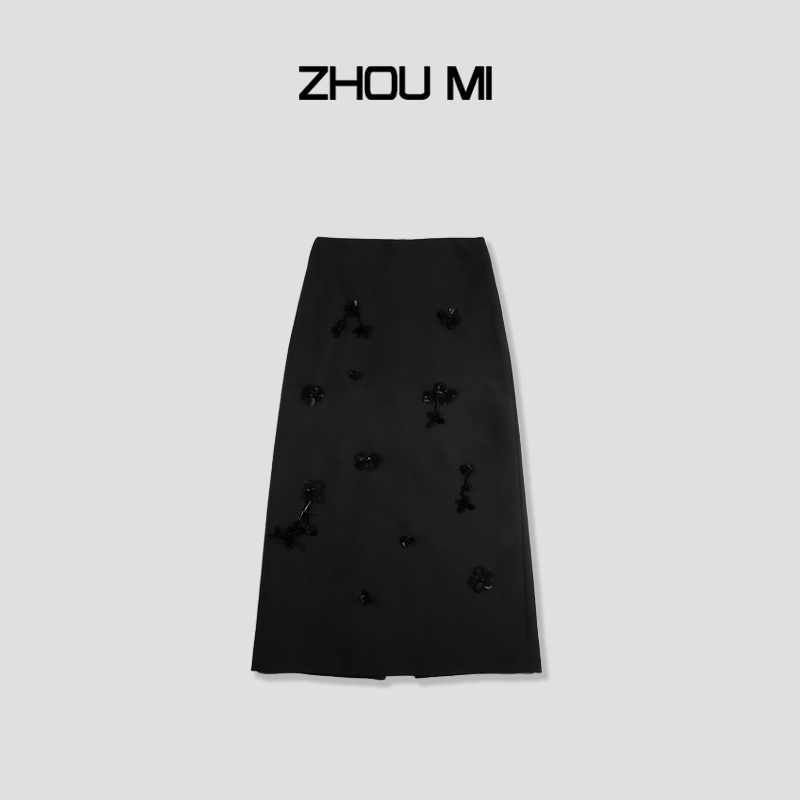 ZHOUMI“精致通勤” 手工钉珠羊毛 直筒半裙 zk5990