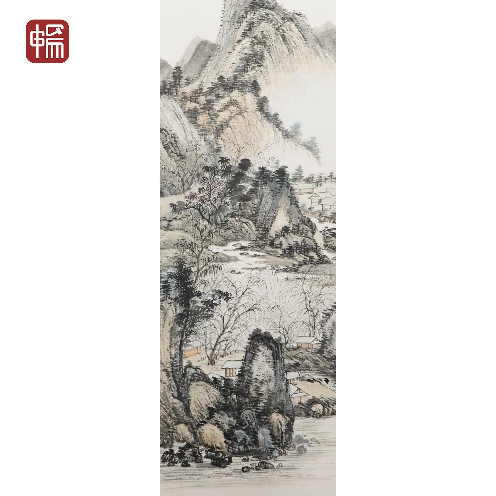 B003 近现代《流水声中一两家》115*37(3.83平尺) 纸本立轴  YM