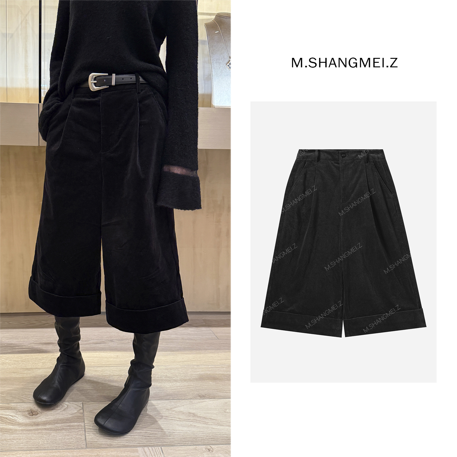 M.SHANGMEI.Z/沐熙美大哥复古高腰宽松直筒卷边短裤X093009