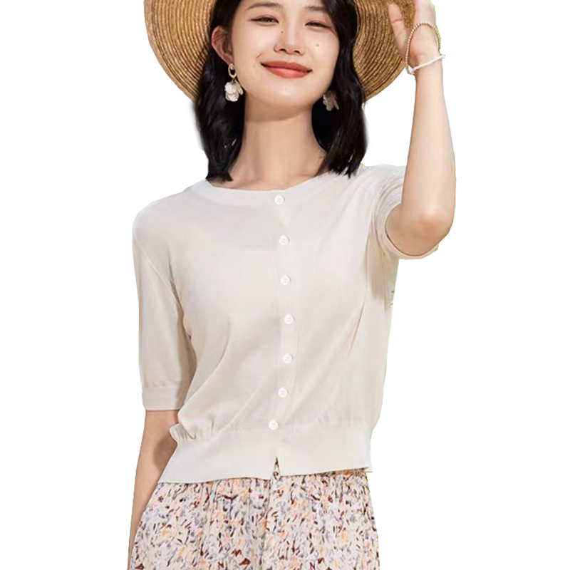 羊毛绒精纺薄款女士圆领短款半袖针织开衫百搭休闲L2516021