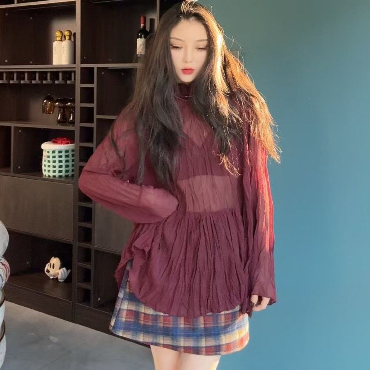 3629 法式长袖雪纺衬衫设计感网纱套装