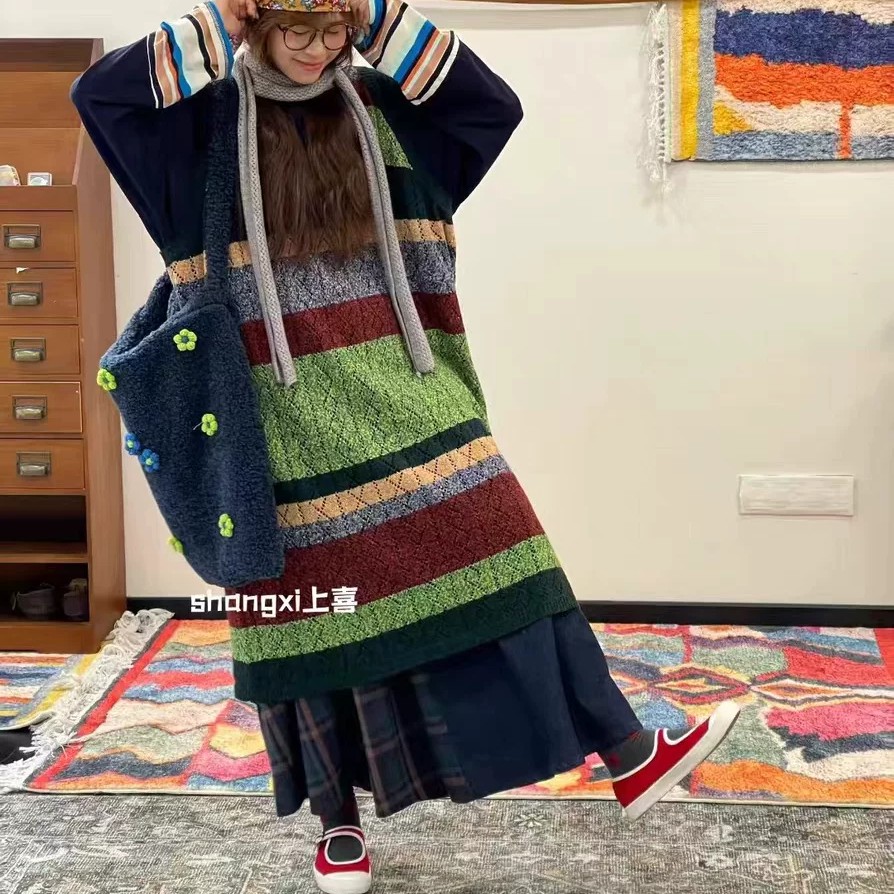 秋冬众宽松条纹无袖针织彩条撞色毛衣背心裙