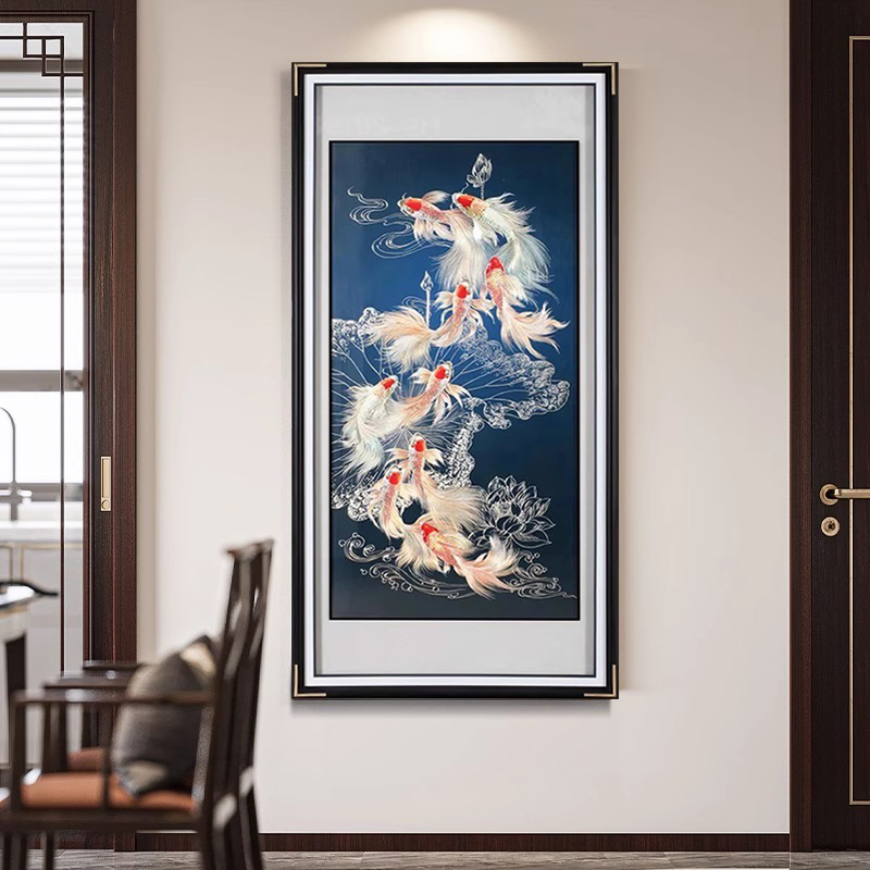 铜雕新中式荷花九鱼图玄关装饰画寓意好走廊过道墙面挂画壁画