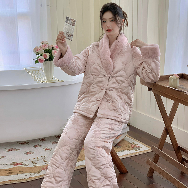 【依暖套装】法式新款新中式冬季套装保暖甜美色丁夹棉家居服可外穿