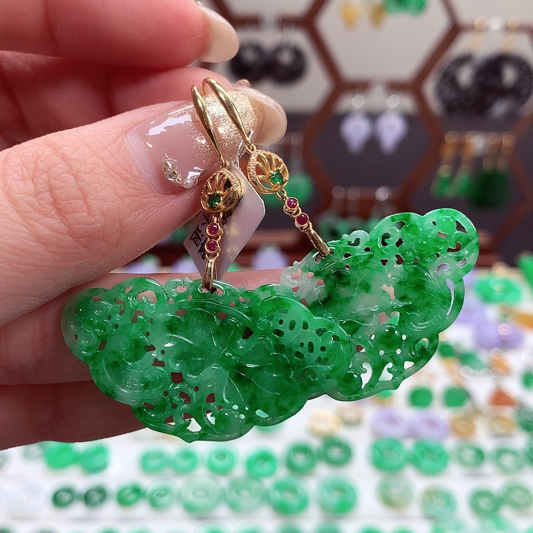 翡翠耳饰18K金镶嵌天然翡翠