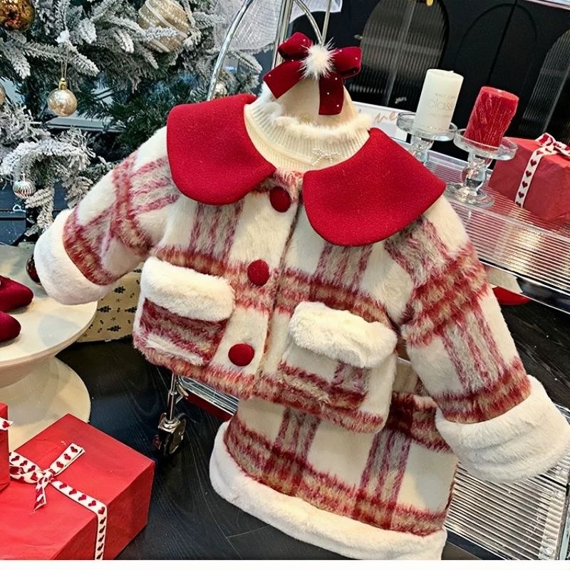 2025宝宝女童格子套装洋气秋冬加厚外套裙子女宝加绒可爱公主冬季