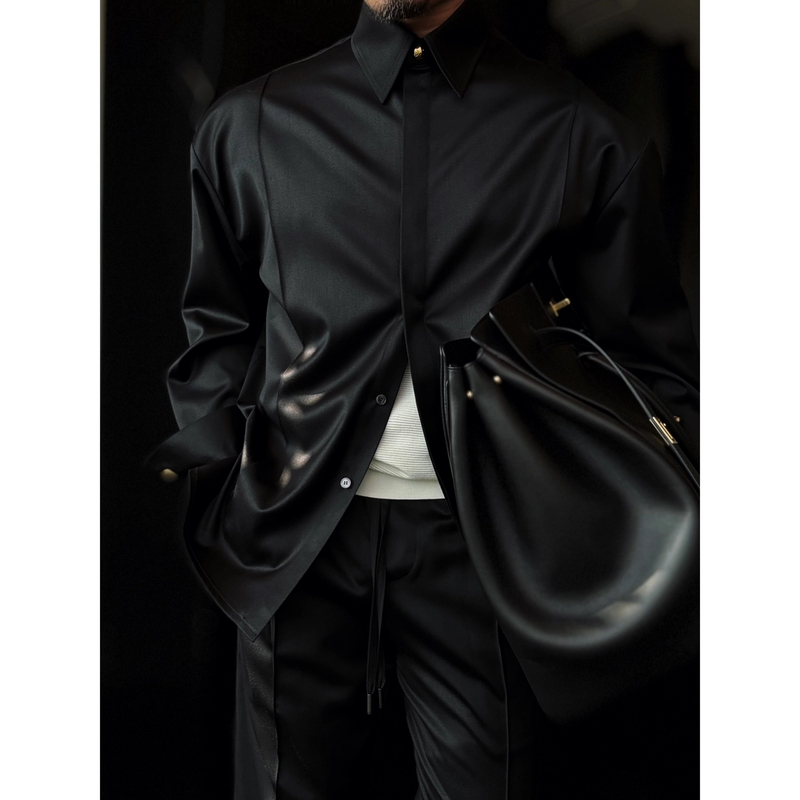 【福利款】DRUNKCORNER 黑色丝光衬衫领金扣外套微阔时尚休闲