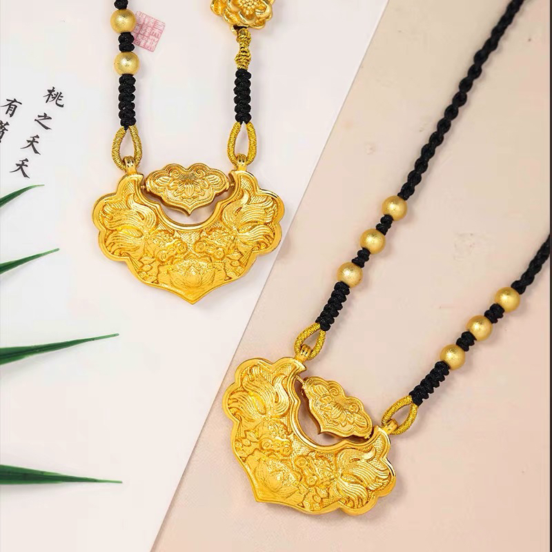 钛钢布艺项链 双面锦鲤莲花如意锁手工编织毛衣链饰品链子