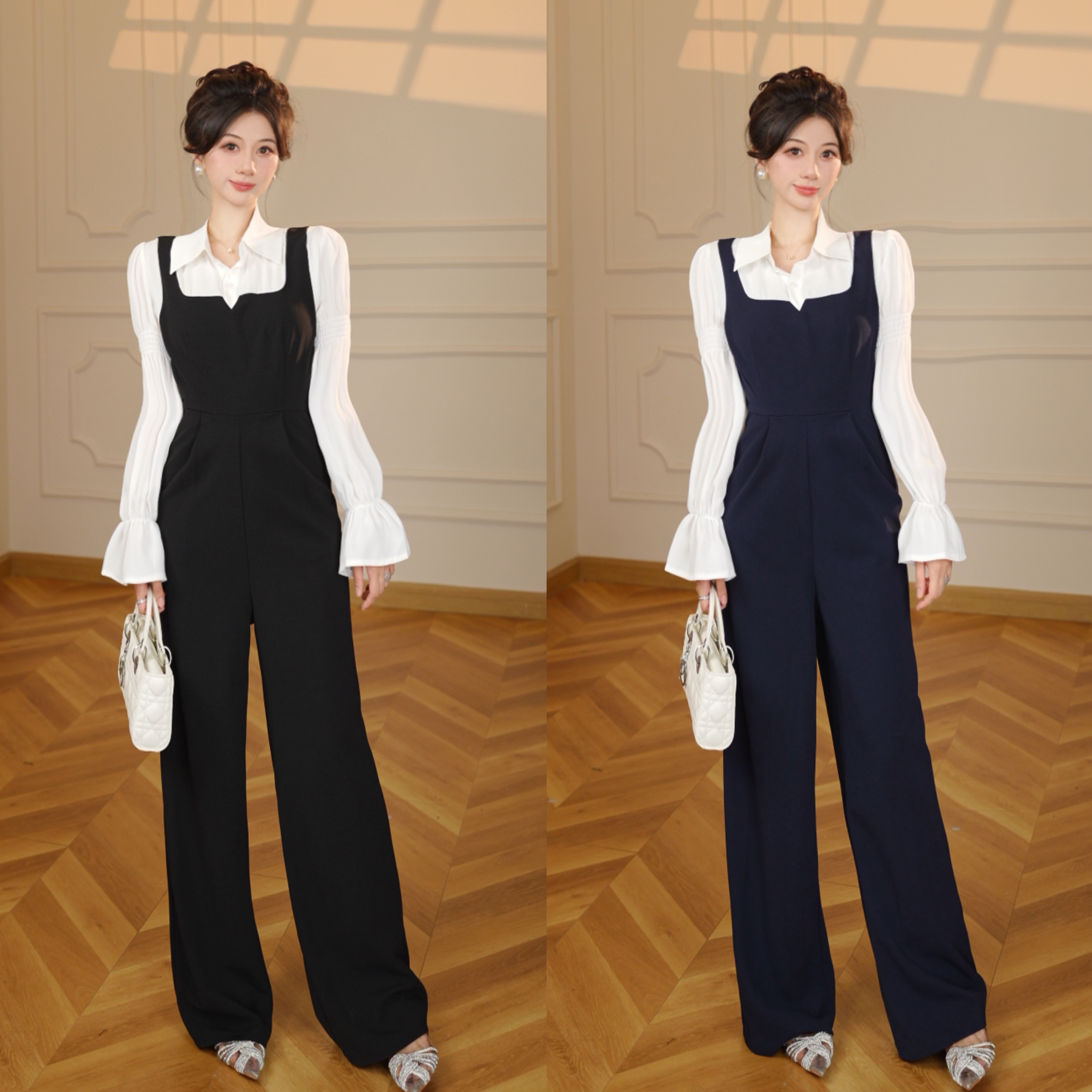 【张小小】2025春秋款新时尚高级收腰显瘦修身黑色宽松连体裤D3497