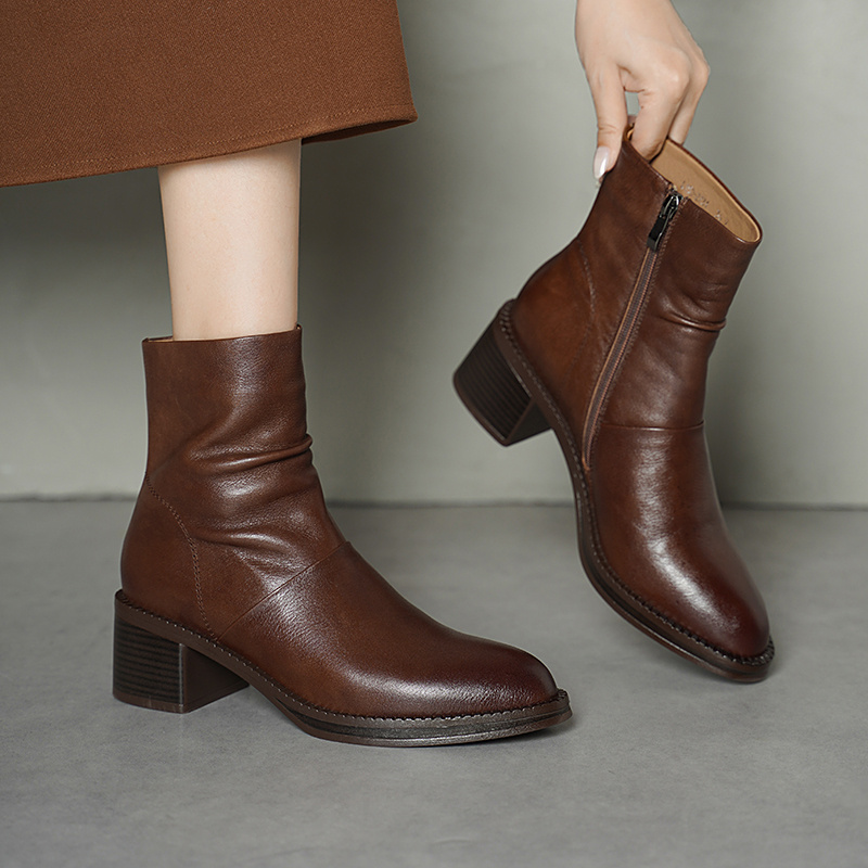 牛皮 跟高5.5cm 34-40秋冬季新款真皮女靴子厚底粗跟短靴侧拉链单