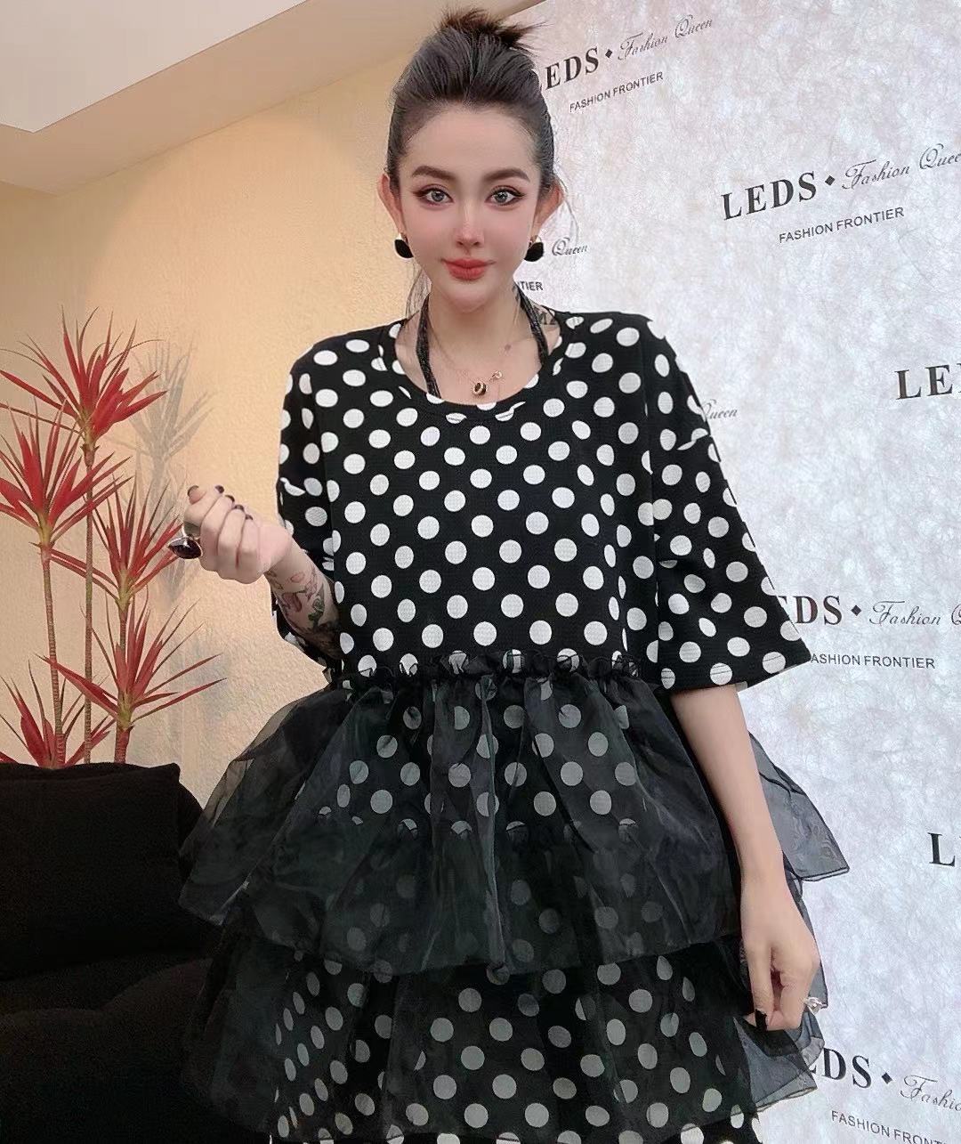 LEDS LX031夏季宽松大摆型波点洋气时尚短袖轻职风连衣裙
