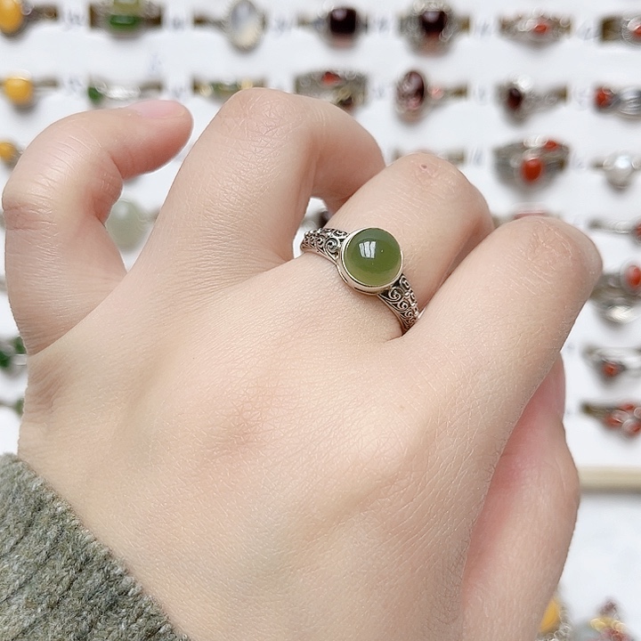 和田玉戒指银S925镶嵌天然