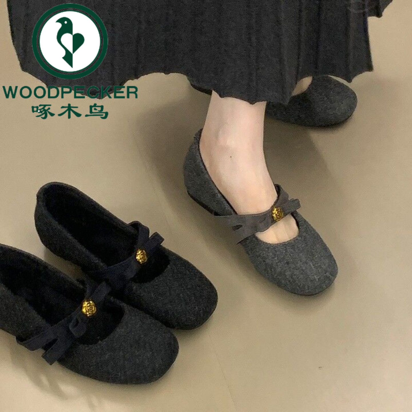 啄木鸟内增高毛毛玛丽珍鞋女2025秋冬新款蝴蝶结厚底加绒雪地棉鞋