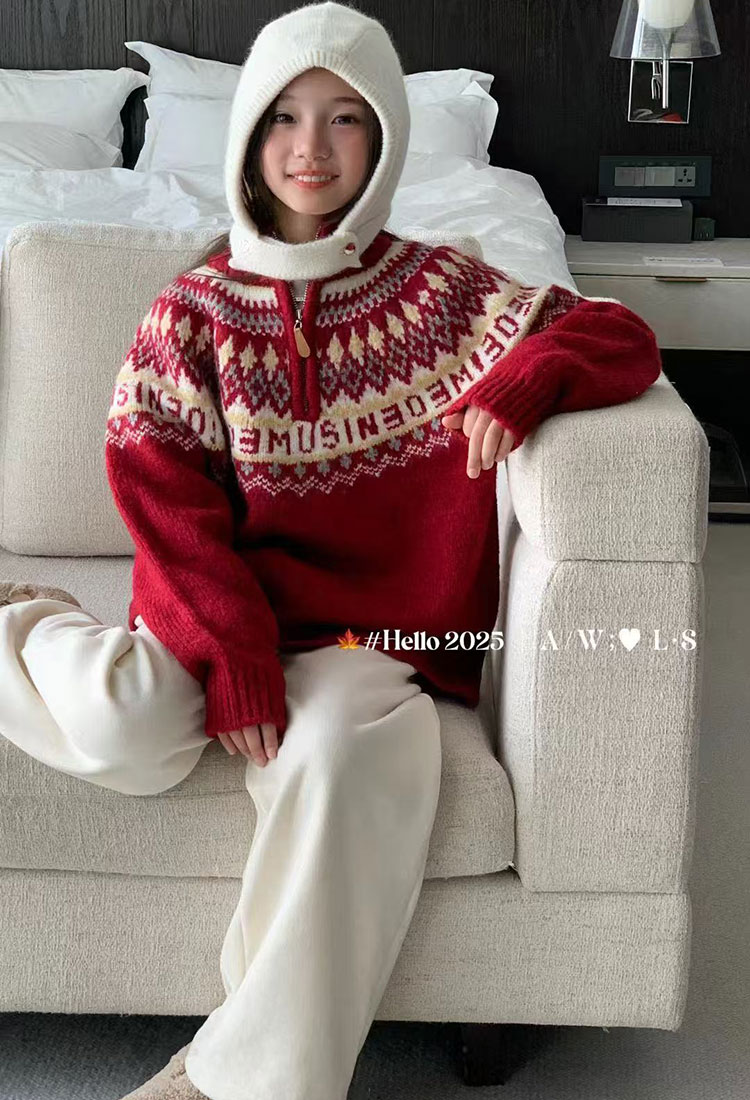 女童圣诞新年款加厚提花半高领套头毛衣 中大儿童内搭打底上衣冬