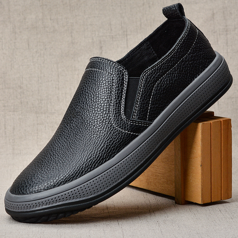 潮牌男士皮鞋男真皮牛皮商务休闲鞋圆头套脚软底厚底鞋一脚蹬男鞋