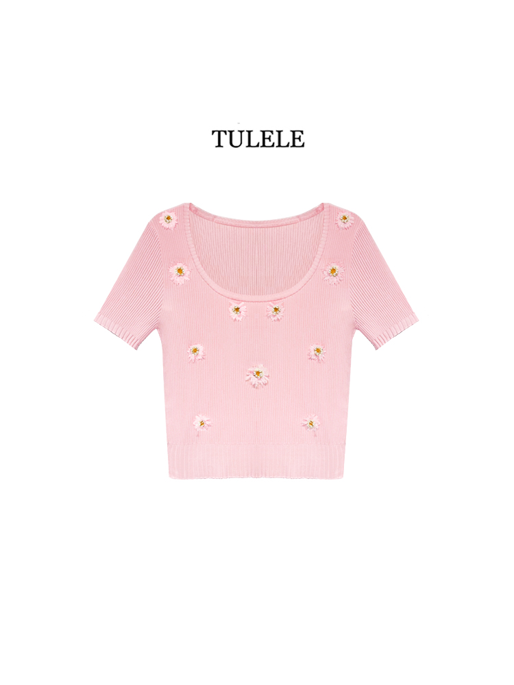  TULELE'设计感显瘦上衣女2025新款花朵钉珠方领短袖直播5005