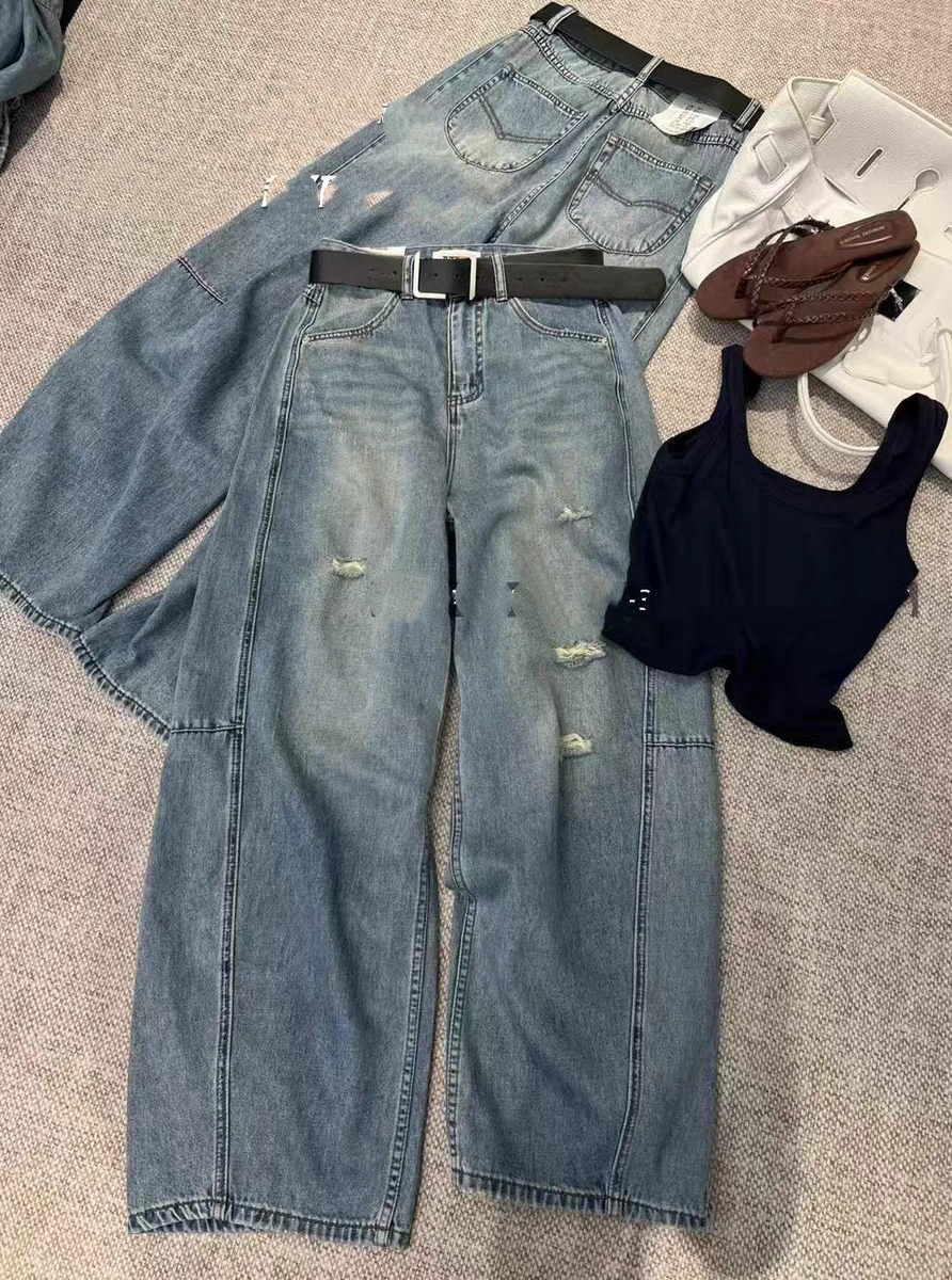 6807#破洞高腰玩到牛仔裤女夏新款韩系百搭休闲直筒裤