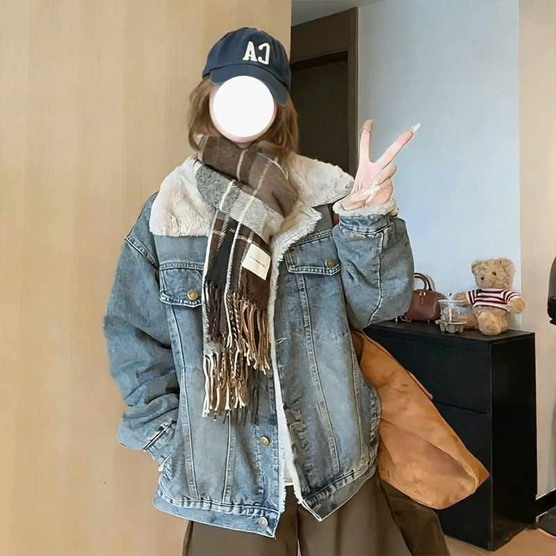 大码胖MM加绒加厚牛仔棉服外套女2025冬季款显瘦韩版宽松棉衣夹克