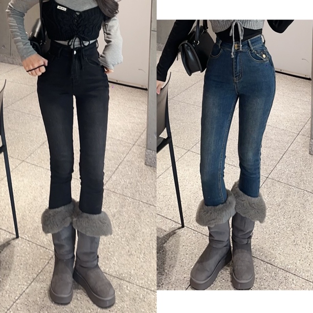 【TX】定制高腰植绒弹力牛仔小脚裤