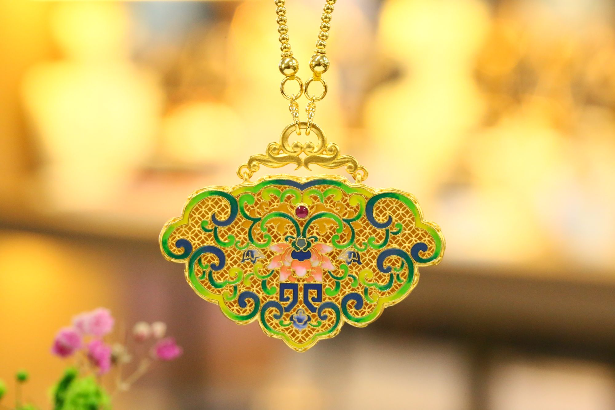 坠链均925银珐琅 银镀金（宝相花）多彩珐琅国潮项链