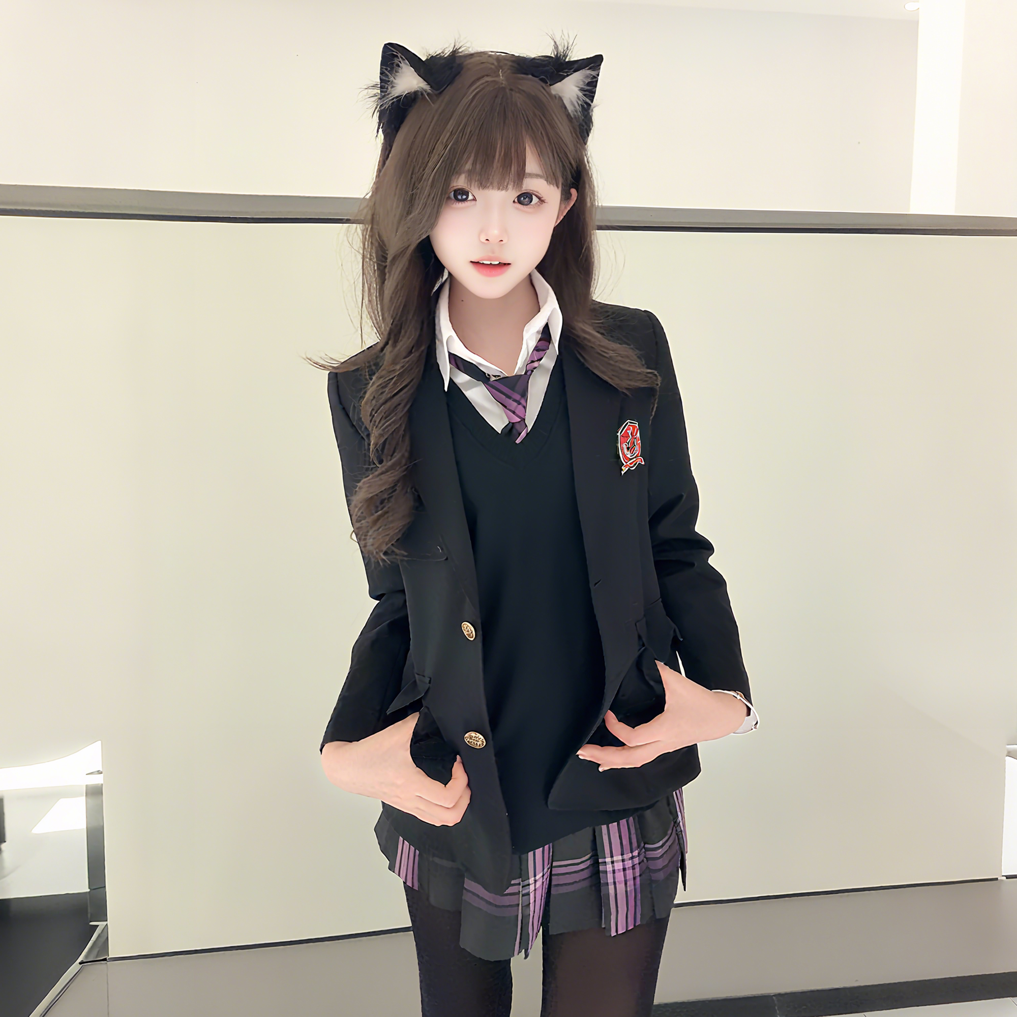 妙也可新秋款黑色西装外套jk制服学院风校供感小个子纯色西服上衣
