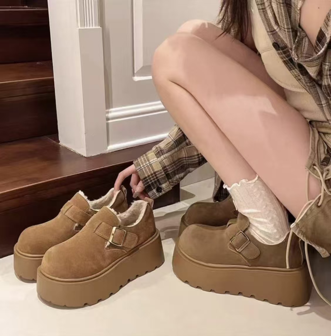 休闲风复古港风学院风雪地靴棉鞋纯色潮流风F023