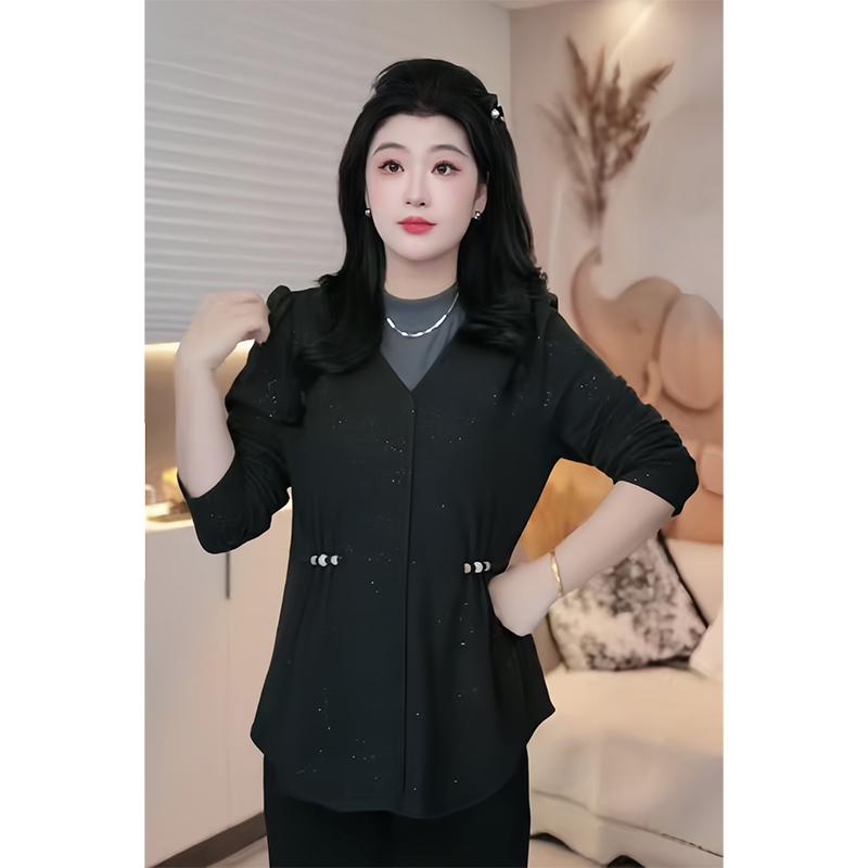 蕾蕾2025秋冬新款大码女装加绒保暖假两件拼接收腰显瘦针织衫3321