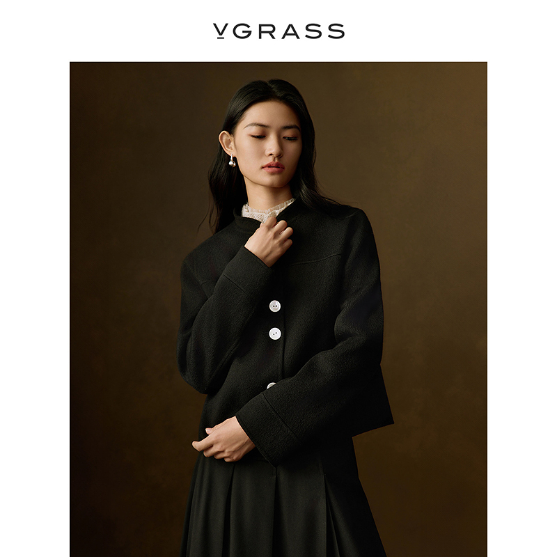 VGRASS羊绒羊毛混纺短箱毛呢外套冬新款撞色纽扣大衣VSD1P4633B