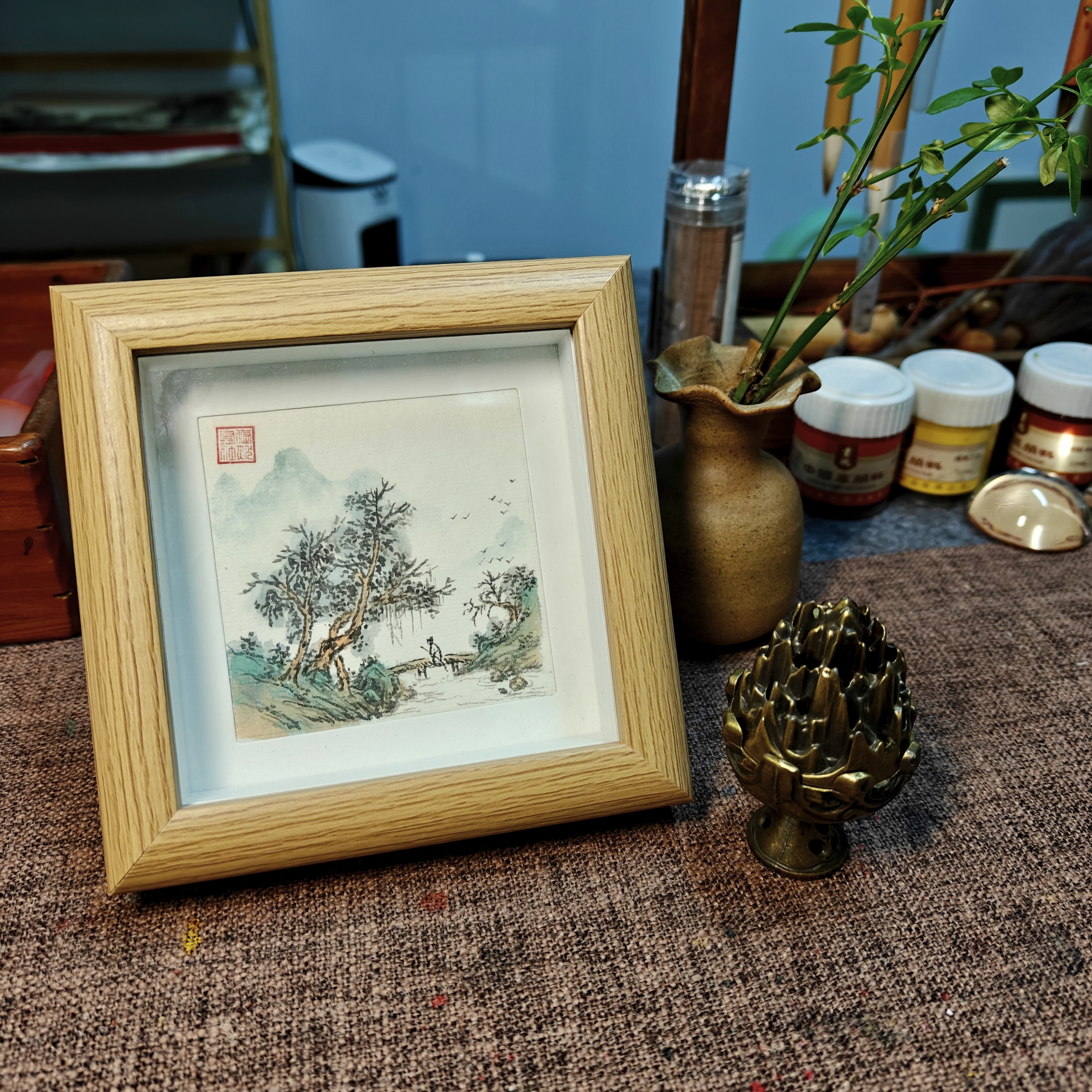 4寸书法摆台文艺简约玻璃木质中空相框如意柿子主题装饰