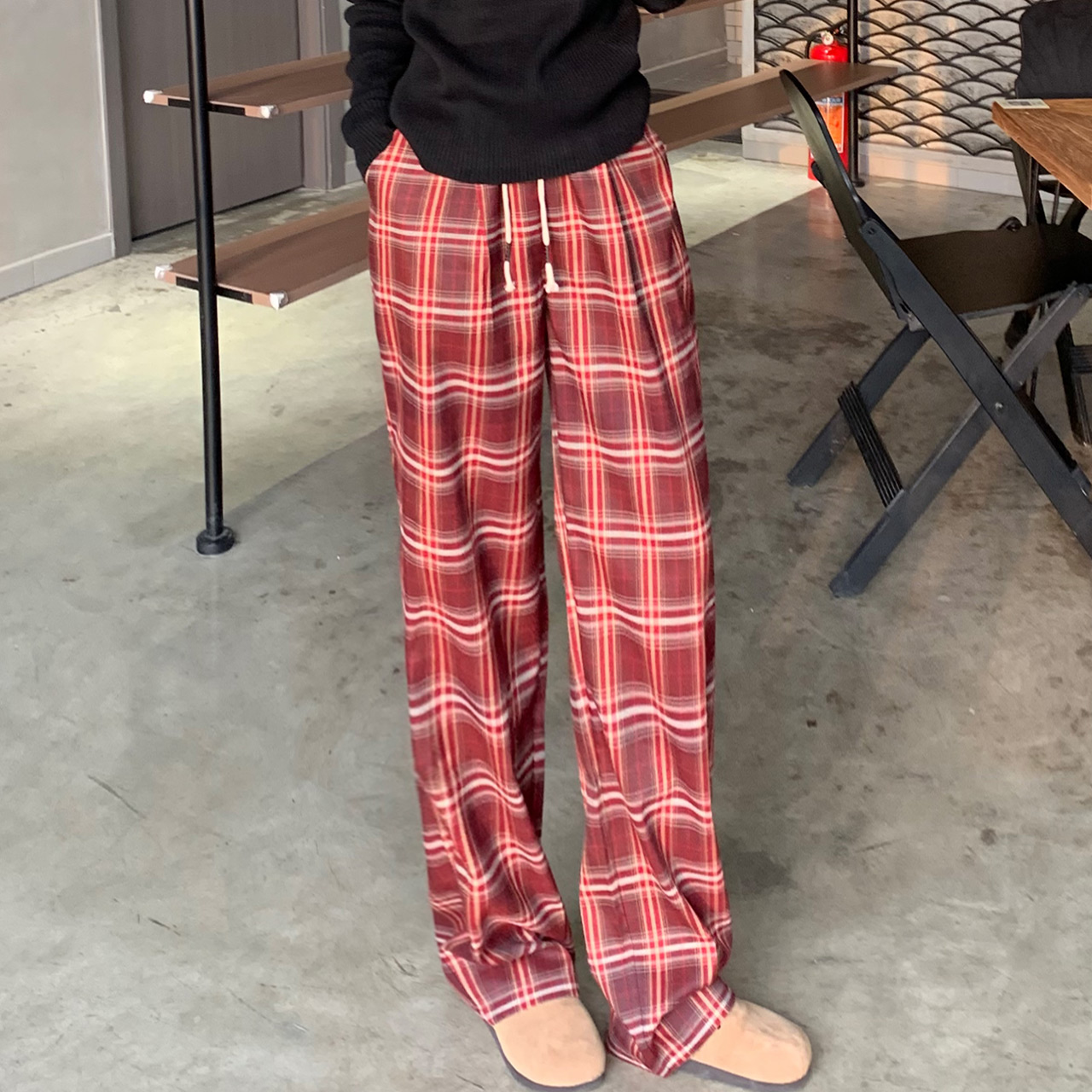 垂感直筒裤直筒格子裤显瘦高腰休闲百搭外穿时尚复古宽松拖地