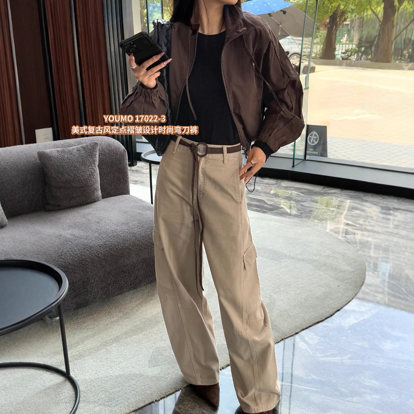 素心兰/YOUMO 美式复古弯刀裤女2025秋季高腰大口袋工装牛仔裤