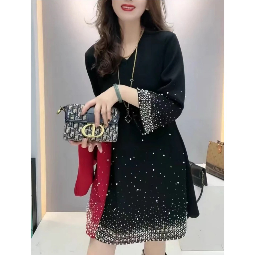 大码女大衫裙V领正肩彩钻重工设计款显瘦遮肉百搭款