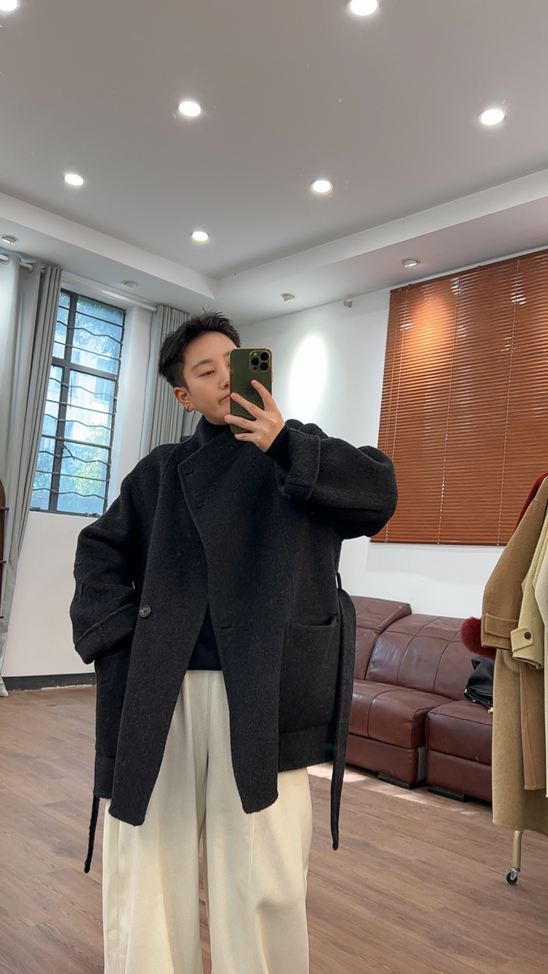 小7定制大翻领短款双面手工大衣女设计感小个子秋冬羊毛系带外套