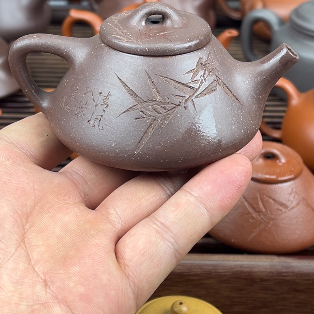 紫砂茶壶紫泥刻绘子冶00cc