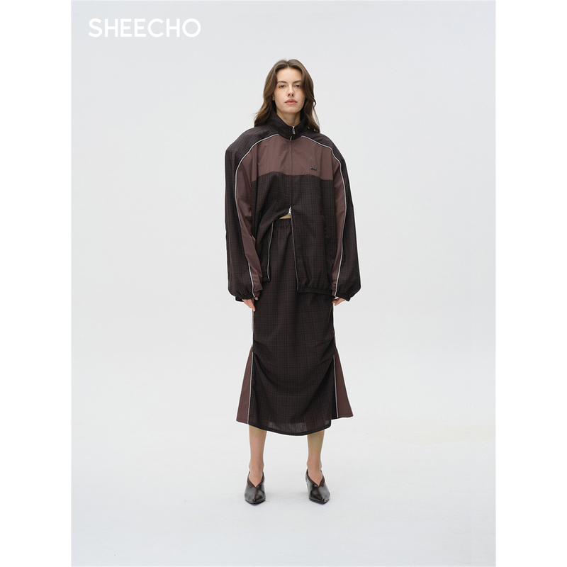 ASYUS设计师品牌25PF早秋陨石灰撞色细格纹鱼尾裙女半身裙SHEECHO