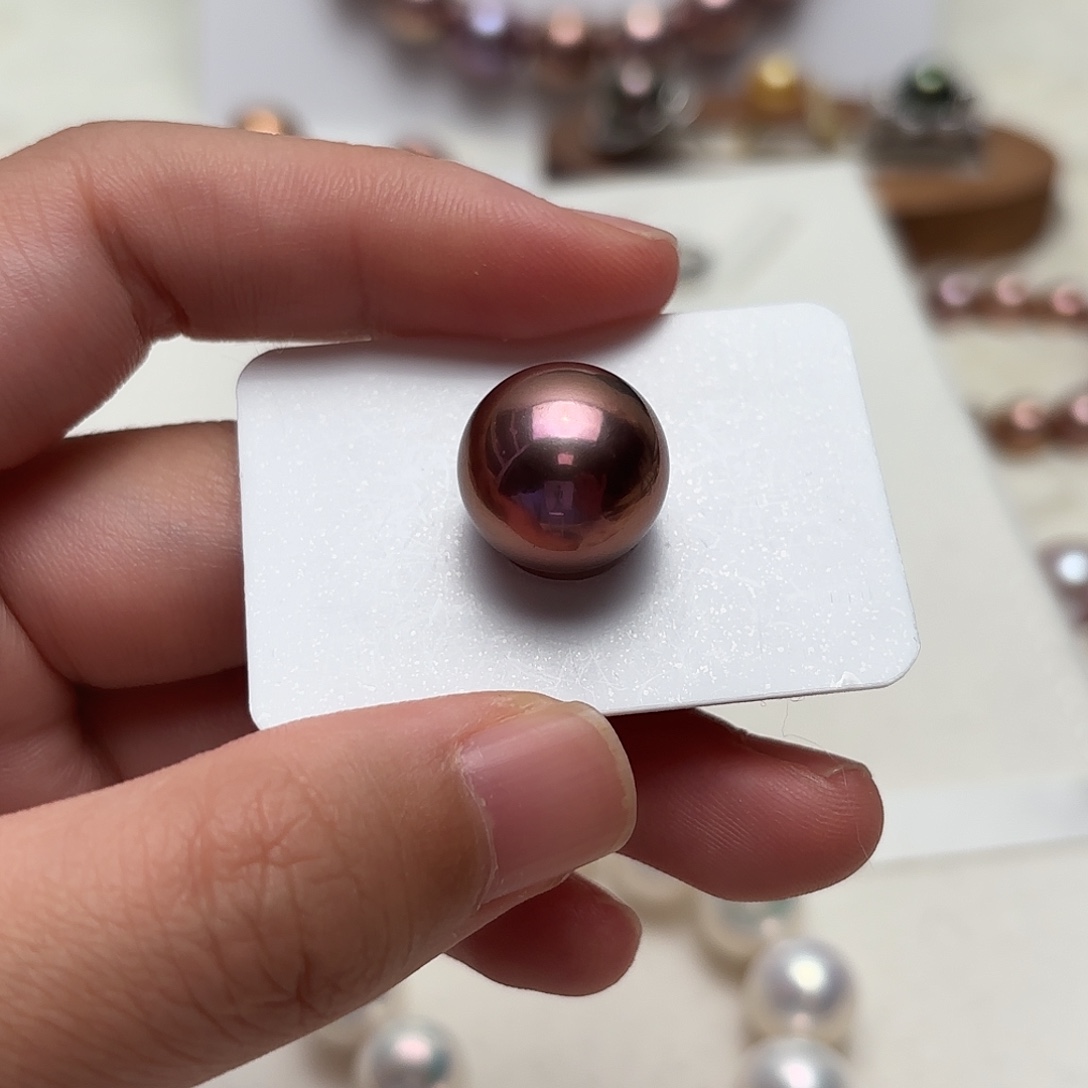 淡水珍珠吊坠(不含链)银S925镶嵌15.4正圆拉菲酒红