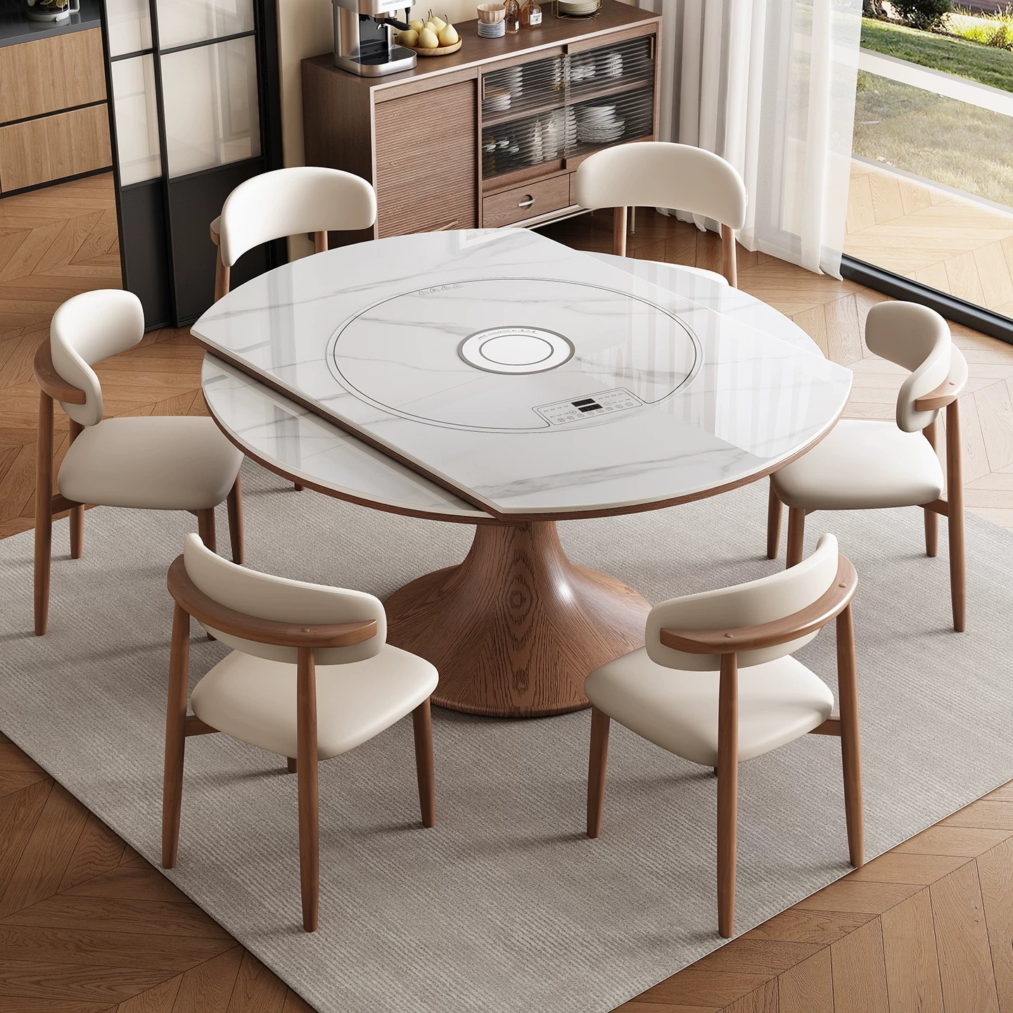 多功能岩板餐桌电磁炉火锅转盘家用一体饭桌伸缩折叠实木可变圆桌