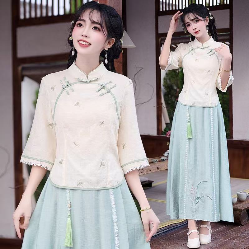 2025实拍新中式国风提花刺绣立领盘扣汉服上衣搭配刺绣复古半身裙
