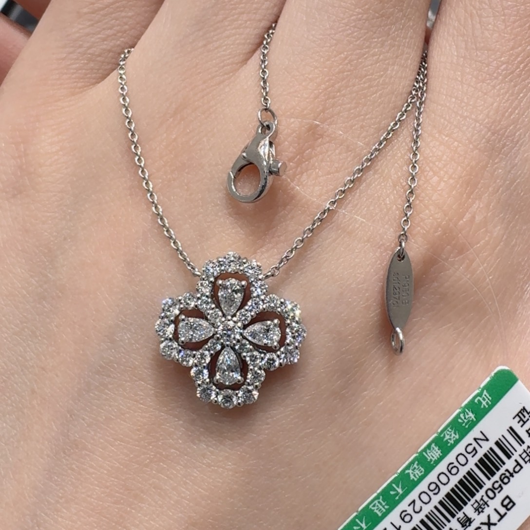 铂Pt950镶嵌实验室培育钻石颈饰重金满钻四叶草