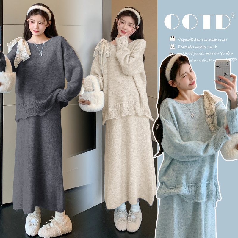 { 糕糕 }孕妇装2025秋冬新款飘带针织长袖半身裙子休闲两件套装