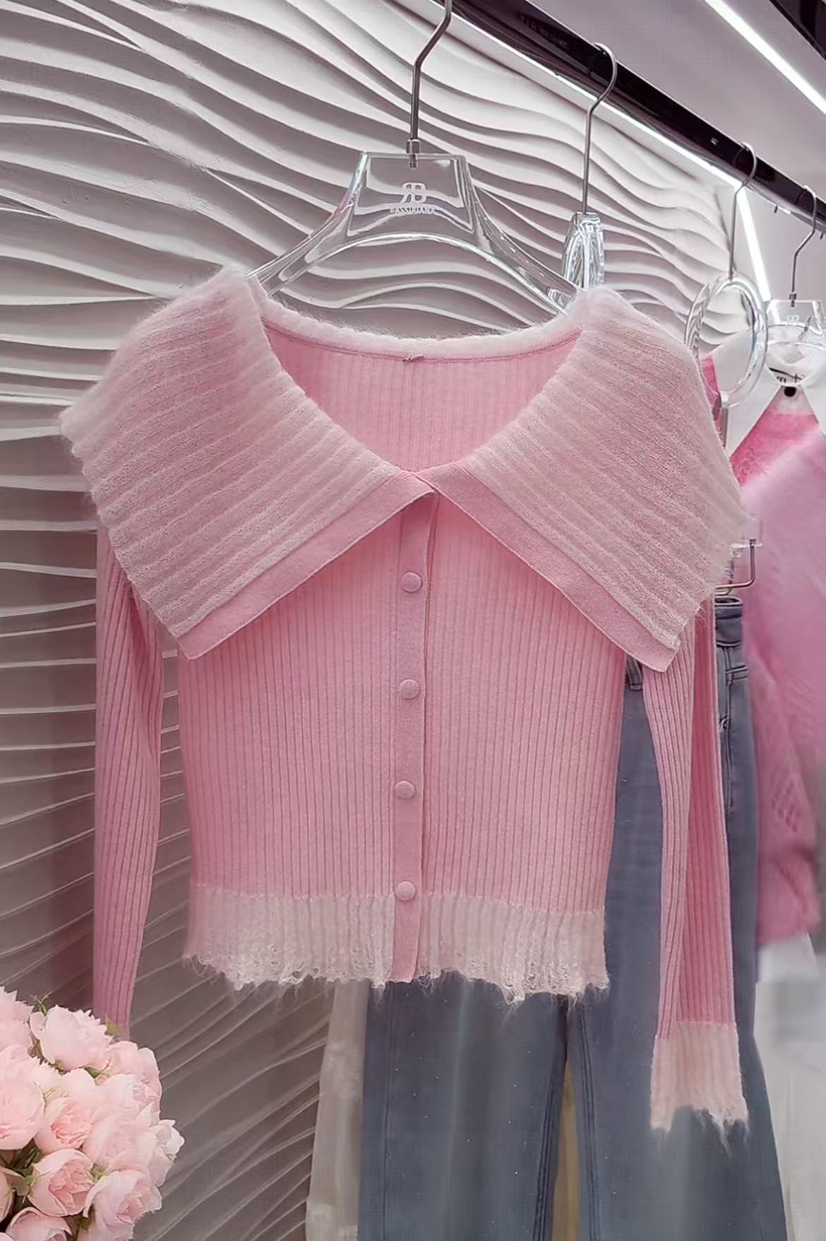 【丹】BR秋季新款高级时髦洋气灵动温柔感百搭翻领粉色针织衫5494