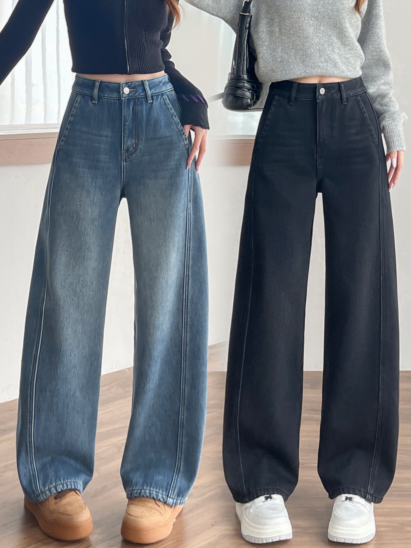 【小个子】秋冬加绒女长裤复古高腰显瘦梨形身材直筒裤牛仔裤百搭