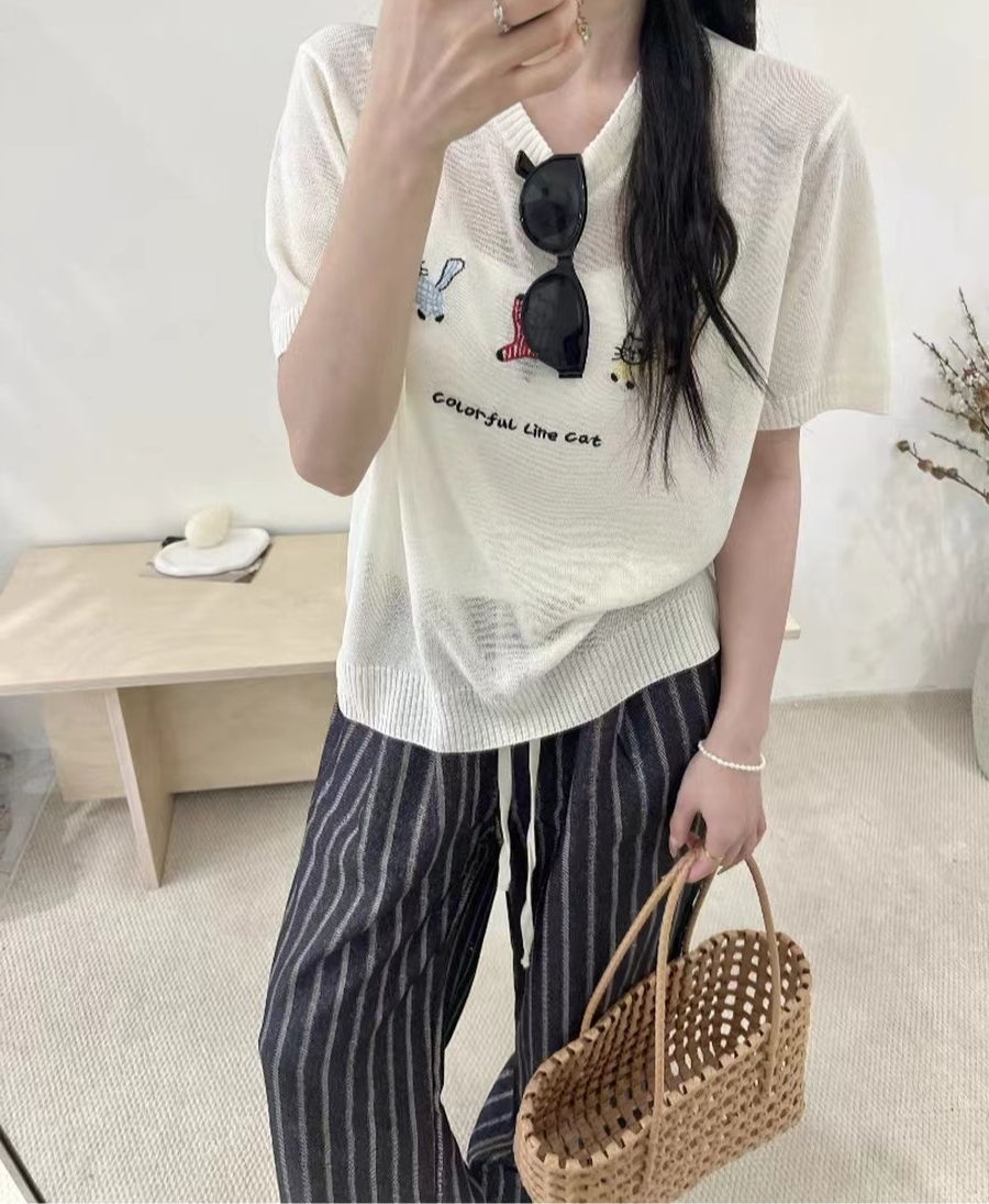 Z.X 猫咪刺绣螺纹拼接短袖针织衫 5264（C3↓）