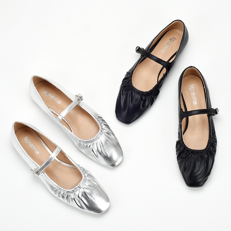 浅口平底玛丽珍单鞋女2025新款通勤方头褶皱银色公主芭蕾鞋111