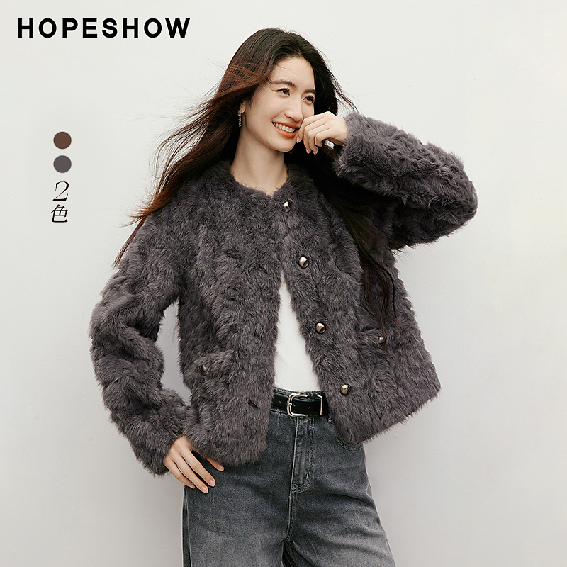 人造皮草 红袖2025冬季新款女装 单排扣落肩长袖圆领短款毛外套